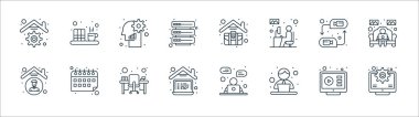 ev çizgisi simgeleri. Doğrusal küme. Bilgisayar, ofis çalışanı, evde çalışmak gibi kalite vektör dizileri, evde kalıp düşünüyorum, çalışma zamanı, kahve fincanı...