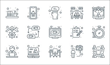 ev çizgisi simgeleri. Doğrusal küme. Kaliteli vektör dizisi, ofis masası, ofis çalışanı, yayın, kayıt, ev, kontrol listesi, evde çalışma, yemek uygulaması gibi