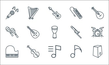 müzik enstrümanları çizgi simgeleri. Doğrusal küme. Cajon, müzik notaları, piyano, müzik notaları, keman, marakas, trombon, piyano, arp gibi kalite vektör dizileri