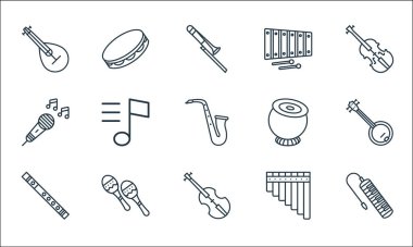 müzik enstrümanları çizgi simgeleri. Doğrusal küme. Piyano, keman, flüt, pan flütü, marakas, mikrofon, tabla, ksilofon, tef gibi kalite vektör dizileri