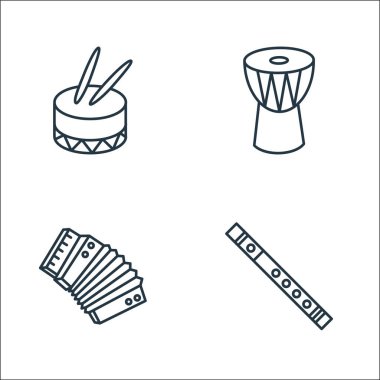 müzik enstrümanları çizgi simgeleri. Doğrusal küme. kalite vektör çizgisi: flüt, akordiyon, djembe