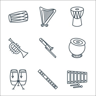 müzik enstrümanları çizgi simgeleri. Doğrusal küme. Ksilofon, flüt, conga, tabla, trombon, Fransız kornosu, djembe, harp gibi kalite vektör dizileri