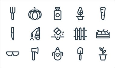 peyzaj ekipman hattı simgeleri. Doğrusal küme. Kaliteli vektör çizgisi: bitki otu, önlük, Google, kürek, balta, bıçak, çit, saksı, balkabağı