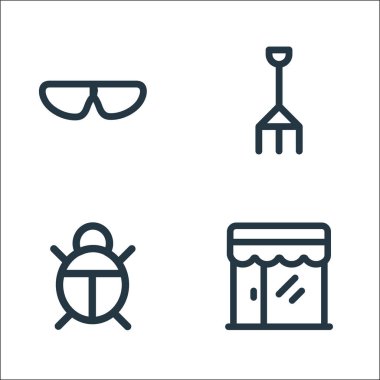 peyzaj ekipman hattı simgeleri. Doğrusal küme. kalite vektör çizgisi: dükkan, hata, tırmık