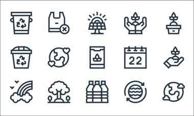 Toprak Ana çizgi simgeleri. Doğrusal küme. Toprak, su şişesi, gökkuşağı, suyu, ağacı, geri dönüşüm kutusunu, takvimi, ekolojiyi, naylon poşeti olmayan kalite vektör dizisi