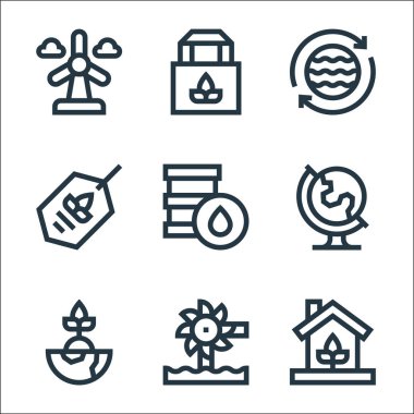 Toprak Ana çizgi simgeleri. Doğrusal küme. Eko evi, hidroelektrik gücü, dünyayı kurtarmak, coğrafya, yağ varili, eko etiketi, su tasarrufu, eko torbası gibi kalite vektör çizgisi