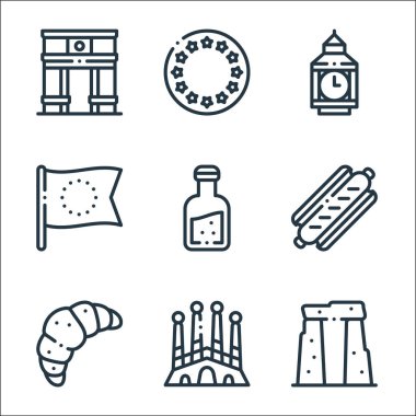 Avrupa çizgisi simgeleri. Doğrusal küme. Stonehenge, sagrada familia, croissant, sosis, orujo, europe, Big Ben, Avrupa