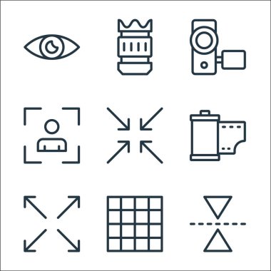Fotoğraf çizgisi simgeleri. Doğrusal küme. kalite vektör çizgisi: dikey çevirme, ızgara, tam ekran, rulo, minimize, kamera odağı, kamera kamerası, kamera lensi