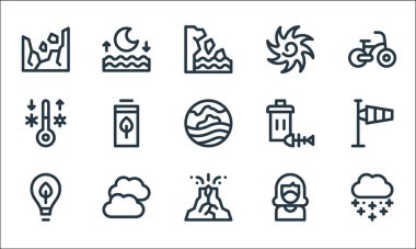 İklim değişikliği çizgisi simgeleri. Doğrusal küme. Kar, volkan, ekoloji, oksijen maskesi, bulutlar, sıcaklık, çöp, kasırga, yüksek gelgit gibi kalite vektör çizgisi