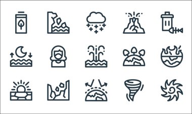 İklim değişikliği çizgisi simgeleri. Doğrusal küme. Kasırga, ev etkisi, kuraklık, kasırga, heyelan, yüksek dalga, gezegen, volkan, buzdağı gibi kalite vektör çizgisi kümesi