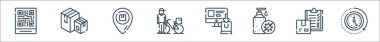 dağıtım hattı simgeleri. Doğrusal küme. Saat, kontrol listesi, hidroalkolik jel, online alışveriş, sürücü, yer tutucu, kutu gibi kalite vektör dizileri