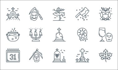 Ürkütücü cadılar bayramı çizgisi simgeleri. Doğrusal küme. Akçaağaç yaprağı, mezar taşı, takvim, mezarlık, ölüm meleği, kazan, göz küresi, satır, ölüm meleği gibi kalite vektör dizileri
