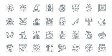 Ürkütücü cadılar bayramı çizgisi simgeleri. Doğrusal küme. Göz kavanozu, yarasalar, mezarlık, hayalet, baykuş, perili ev, kazan, göz kavanozu, sihirli süpürge gibi kalite vektör dizileri