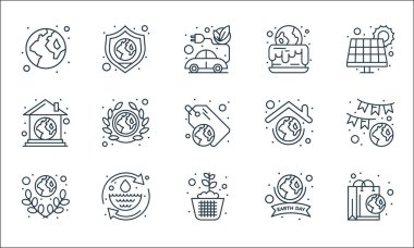 Dünya çizgisi simgeleri. Doğrusal küme. Geri dönüşümlü torba, bitki, toprak günü, toprak günü, su tasarrufu, dünya, gezegen kurtarma gibi kalite vektör çizgisi kümesi