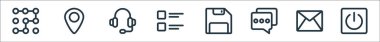Evet çizgi simgeleri. Doğrusal küme. Güç düğmesi, e- posta, sohbet, kaydetme, liste, kulaklık, yer tutucu gibi kalite vektör dizisi