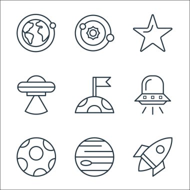 Uzay çizgisi simgeleri. Doğrusal küme. Kaliteli vektör çizgisi örneğin roket, neptün, ay, uzay gemisi, ay, ufo, yıldız, güneş sistemi