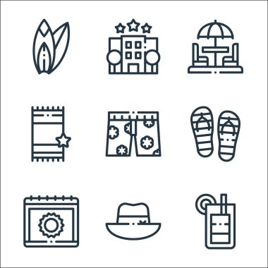 Yaz çizgisi simgeleri. Doğrusal küme. Kokteyl, Pamela şapkası, takvim, parmak arası terlik, mayo, plaj havlusu, şemsiye, otel gibi kalite vektör dizileri