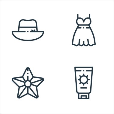 Yaz çizgisi simgeleri. Doğrusal küme. Güneş kremi, deniz yıldızı, elbise gibi kalite vektör çizgisi