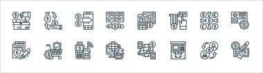 ödeme ögesi çizgisi simgeleri. Doğrusal küme. Ödeme çeki, ATM, çevrimiçi alışveriş, kimlik doğrulama, kripto para birimi, mobil ödeme, qr kod taraması, geri ödeme gibi kalite vektör dizileri