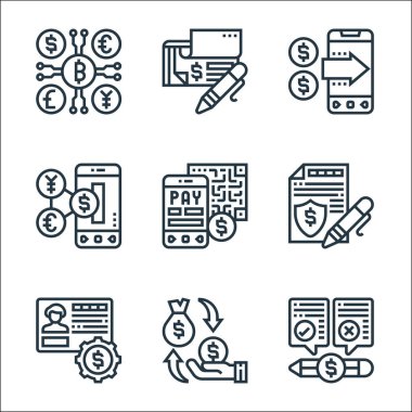 ödeme ögesi çizgisi simgeleri. Doğrusal küme. Kalite vektör çizgisi: artılar ve eksiler, geri ödeme, banka hesabı, kimlik doğrulama, qr kod taraması, para değişimi, mobil ödeme, çek defteri