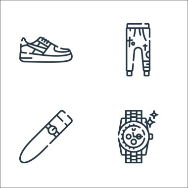 Hip hop çizgisi simgeleri. Doğrusal küme. Kaliteli vektör çizgisi, saat, puro, eğitim pantolonu gibi.