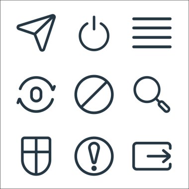 Arayüz çizgisi simgeleri. Doğrusal küme. Aktarım, uyarı, kalkan, yakınlaş, dur, tekrar et, menü, güç gibi kalite vektör çizgisi