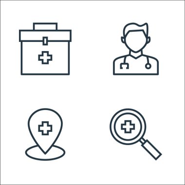 Hastane çizgisi simgeleri. Doğrusal küme. Kalite vektör çizgisi hastane, konum, doktor gibi