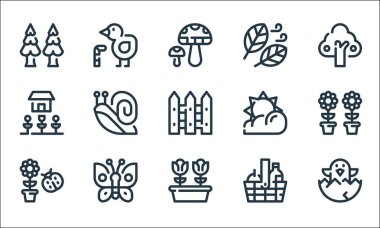 Bahar mevsimi simgeleri. Doğrusal küme. Kapak, çiçek, uğur böceği, piknik sepeti, kelebek, bahçe, çim biçme makinesi, tavuk gibi kalite vektör çizgisi kümesi