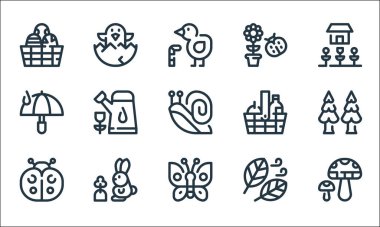 Bahar mevsimi simgeleri. Doğrusal küme. Mantar, kelebek, uğur böceği, çim biçme makinesi, tavşan, şemsiye, piknik sepeti, uğur böceği gibi kalite vektör kümesi