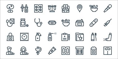 Eczane çizgisi simgeleri. Doğrusal küme. Ağırlık, pamuk tomurcukları, merhem, eczacı, diş macunu, el dezenfektanı, şırınga, havan, hap gibi kalite vektör dizileri