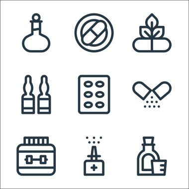 İlaç çizgisi simgeleri. Doğrusal küme. Şurup, burun spreyi, spor salonu, probiyotik, haplar, ampul, doğal, ağrı kesici gibi kalite vektör dizileri