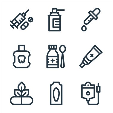 İlaç çizgisi simgeleri. Doğrusal küme. Transfüzyon, fitil, doğal, merhem, şurup, ağız gargarası, damlalar, temizlik spreyi gibi kalite vektör dizileri