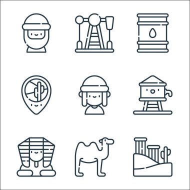 Çöl çizgisi ikonları. Doğrusal küme. Harabeler, deve, sfenks, su tankı, bedevi, konum, yağ varili, petrol gibi kalite vektör dizileri