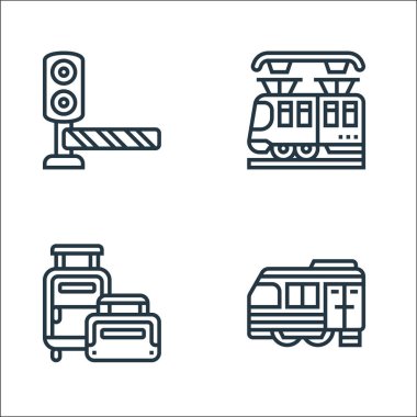 Demiryolu hattı simgeleri. Doğrusal küme. Tren yükü, seyahat valizi, metro gibi kalite vektör çizgisi