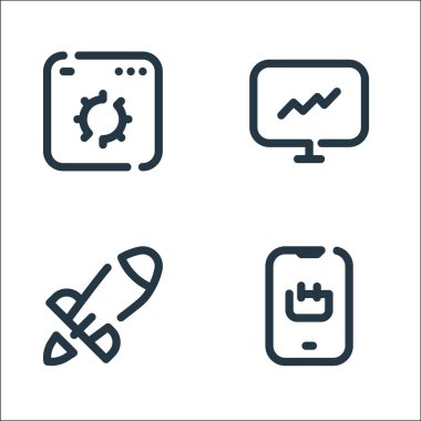 seo line simgeleri. Doğrusal küme. ekommerce, roket, istatistik gibi kalite vektör çizgisi