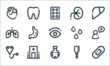 Tıbbi hat simgeleri. Doğrusal küme. Sargı, kimyasal, steteskop, damlalar, hastane, akciğerler, kan, böbrek, diş gibi kalite vektör dizileri