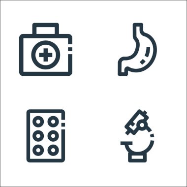 Tıbbi hat simgeleri. Doğrusal küme. Mikroskop, tablet, mide gibi kalite vektör çizgisi