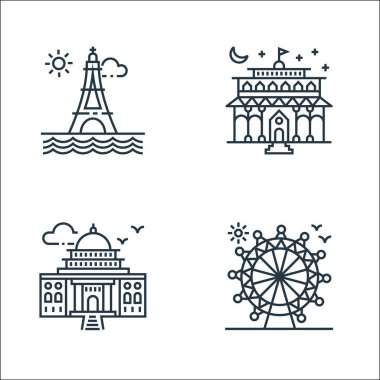 Turizm çizgisi simgeleri. Doğrusal küme. Dönme dolap, bina, Viyana gibi kalite vektör çizgisi