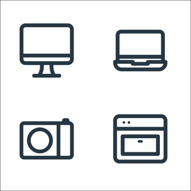 Elektronik ve aygıt hattı simgeleri. Doğrusal küme. Fırın, kamera, dizüstü bilgisayar gibi kalite vektör çizgisi