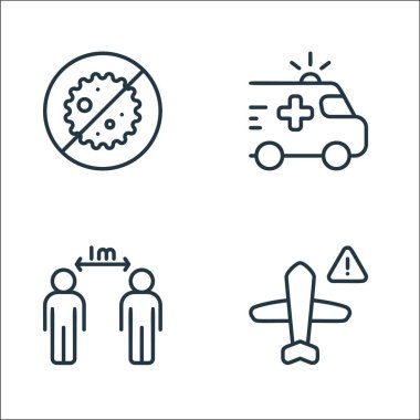 Covid çizgi simgeleri. Doğrusal küme. Uçuş, mesafe, ambulans gibi kalite vektör çizgisi