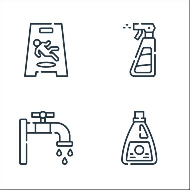 Temizlik çizgisi simgeleri. Doğrusal küme. çamaşır suyu, musluk, sprey gibi kalite vektör çizgisi