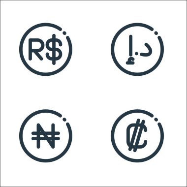 Döviz çizgisi simgeleri. Doğrusal küme. Kaliteli vektör çizgisi: kolon, naira, Birleşik Arap Emirlikleri