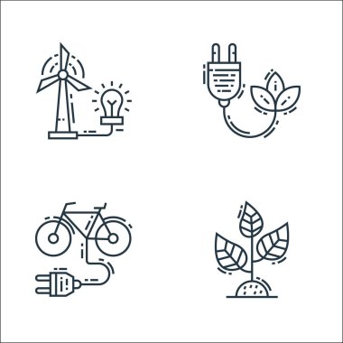 Çevre ve çevre çizgisi simgeleri. Doğrusal küme. Bitki, elektrik bisikleti, eko enerji gibi kalite vektör çizgisi