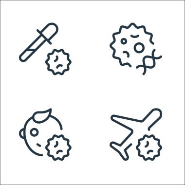 Koronavirüs çizgisi simgeleri. Doğrusal küme. Salgın, bebek, DNA gibi kalite vektör çizgisi