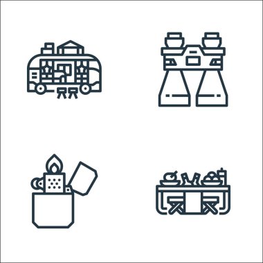 Kamp çizgisi simgeleri. Doğrusal küme. Piknik masası, daha hafif, dürbün gibi kalite vektör çizgisi