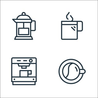 Kahve kuyruğu simgeleri. Doğrusal küme. Kahve fincanı, kahve makinesi, sıcak gibi kalite vektör çizgisi