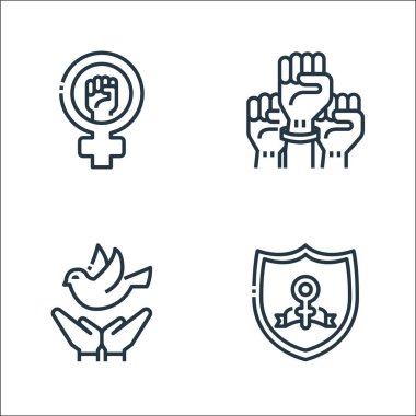 Kadın gündüz çizgisi simgeleri. Doğrusal küme. Koruma, özgürlük, takım çalışması gibi kalite vektör çizgisi