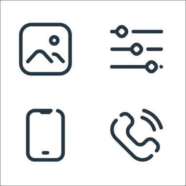 Multimedya çizgi simgeleri. Doğrusal küme. Arama, akıllı telefon, ayarlar gibi kalite vektör çizgisi kümesi