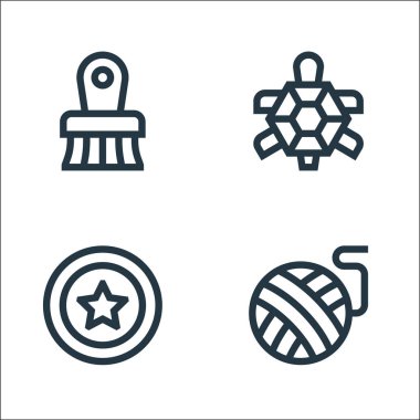 Evcil hayvan dükkânı simgeleri. Doğrusal küme. İplik topu, kaplumbağa gibi kalite vektör çizgisi kümesi