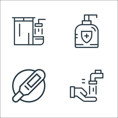 Karantina hattı simgeleri. Doğrusal küme. Çamaşır, termometre, antibakteriyel gibi kalite vektör çizgisi